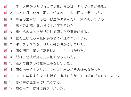 １．歩くと床がブカブカしている。または、ギシギシ音が鳴る。　２．５～６月にかけて羽アリが家の中、家の周りで発生した。　３．風呂の出入り口の柱、敷居が黒ずんだり、穴があいている。　４．風呂の浴槽、洗い場に羽が落ちていた。　５．床からの立ち上がりの柱を叩くと空洞音がする。　６．畳を上げたら床板に筋のような道がついていた。　７．タンスや荷物をよせたら砂の塊がついていた。　８．家の周囲に置いてある材木に、白アリがいた。　９．門柱、垣根が腐ったり細くなっていた。　10．近所で白アリの駆除工事をしていた。　11．家の内外で羽アリが、２～３回出たがその後出なかった。　12．２、３年前またはそれ以前に点検したが、その後点検をしていない。　13．家の中が湿気っぽい気がする。　14．庭の木立・切株に白アリがいた。